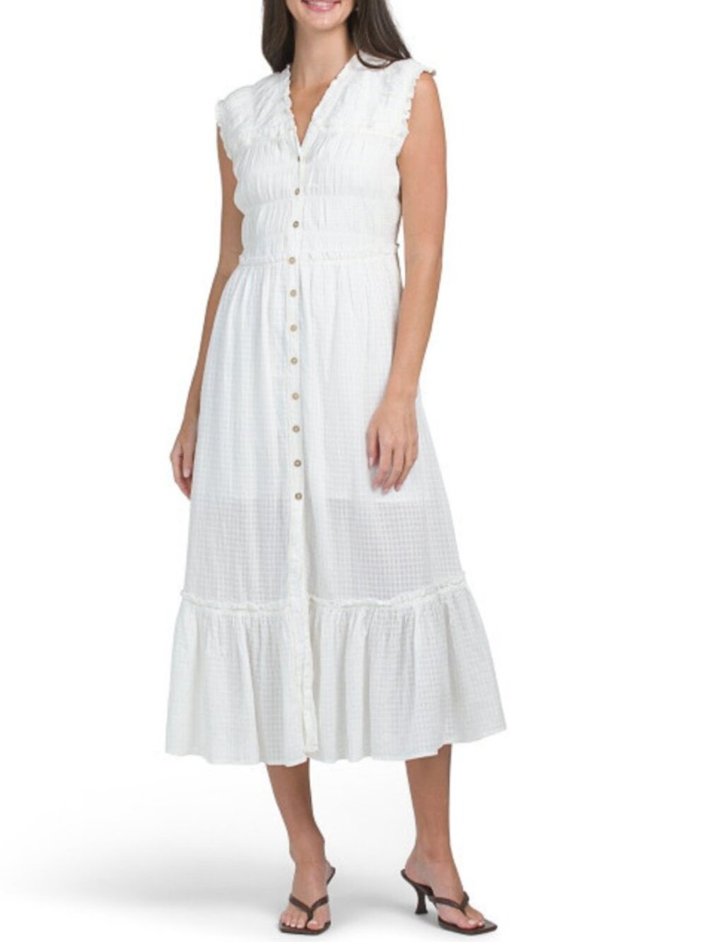 Free People White Smocked Midi Dress Desert Dazed Tiered Button Down Cottagecore
